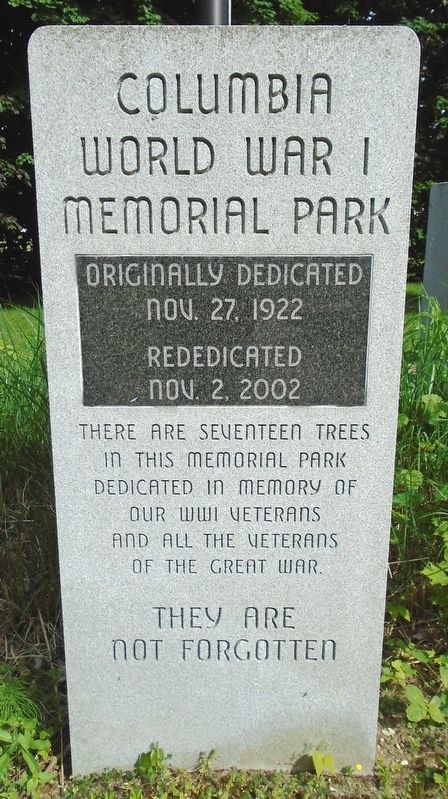 Columbia World War I Memorial Park Dedication Marker. Click for full size. Columbia World War I Memorial Park Dedication Marker image. Click for full size.