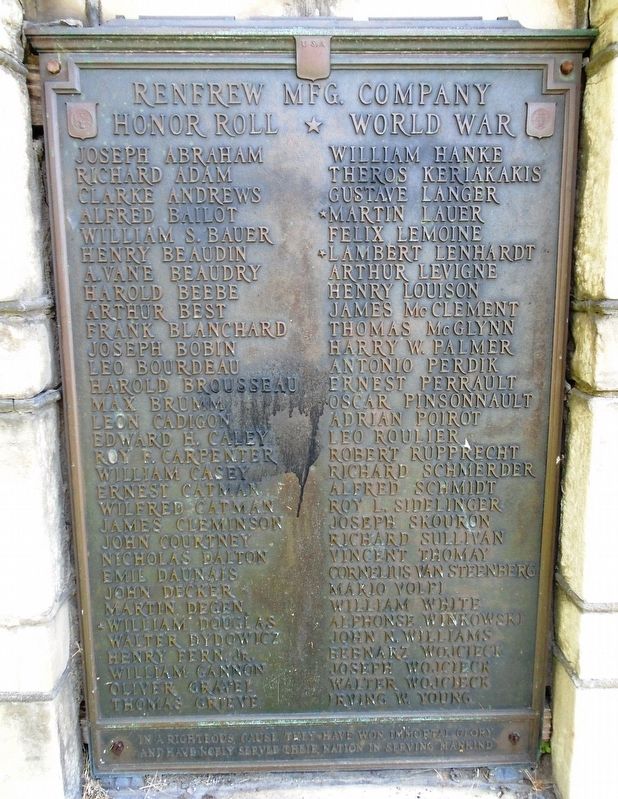 Renfrew Manufacturing Company World War Honor Roll Marker image. Click for full size.