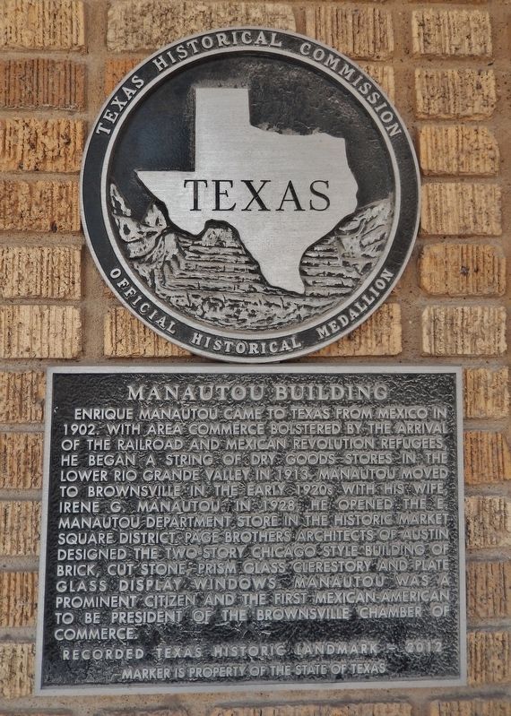 Manautou Building Marker (<i>tall view; showing Texas Historical Medallion</i>). Click for full size. Manautou Building Marker (<i>tall view; showing Texas Historical Medallion</i>) image. Click for full size.
