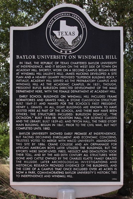 Baylor University on Windmill Hill Marker. Click for full size. Baylor University on Windmill Hill Marker image. Click for full size.
