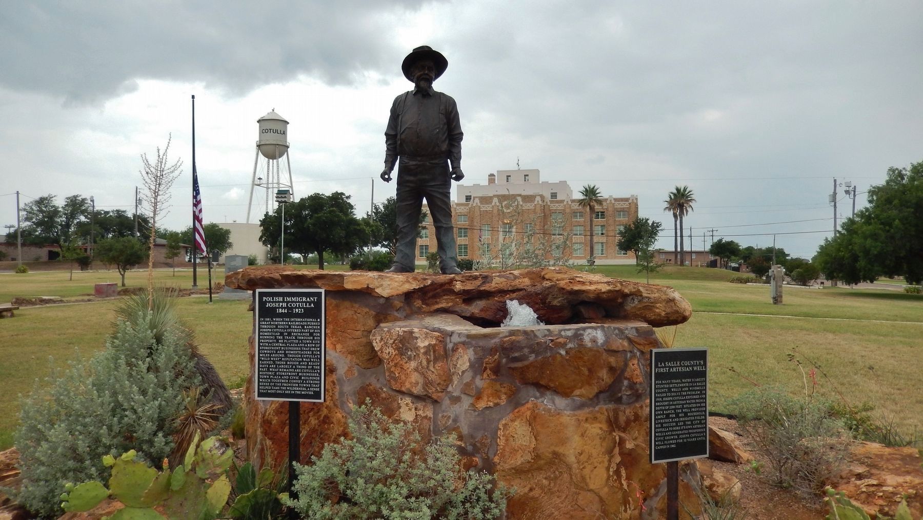 Joseph Cotulla Marker (<i>left marker; Cotulla City Park, La Salle County Courthouse background</i>). Click for full size. Joseph Cotulla Marker (<i>left marker; Cotulla City Park, La Salle County Courthouse background</i>) image. Click for full size.