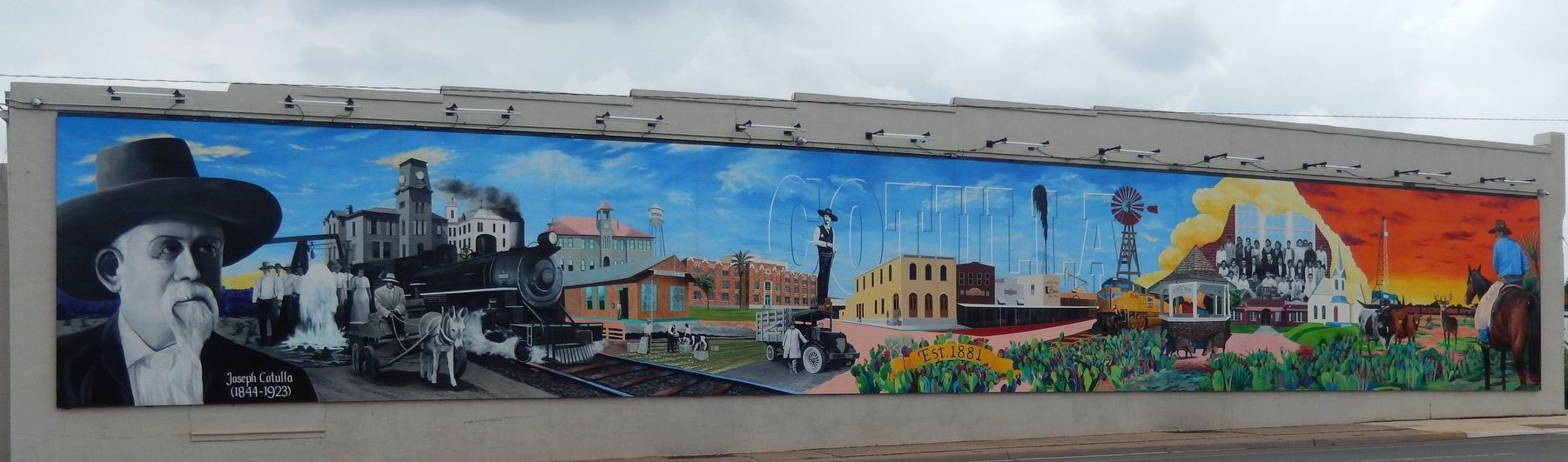 Joseph Cotulla Mural (<i>covers entire west wall of building across Main Street from marker</i>). Click for full size. Joseph Cotulla Mural (<i>covers entire west wall of building across Main Street from marker</i>) image. Click for full size.