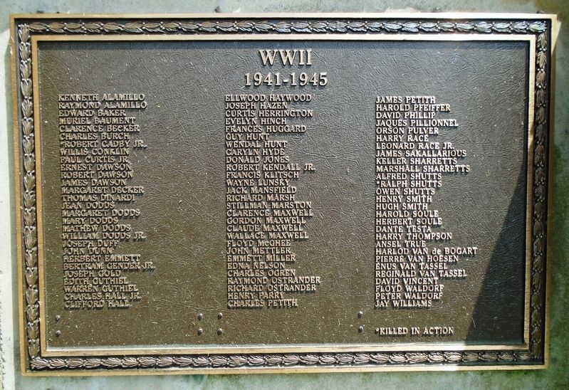 The Veterans Memorial Garden of Hillsdale World War II Honor Roll. Click for full size. The Veterans Memorial Garden of Hillsdale World War II Honor Roll image. Click for full size.
