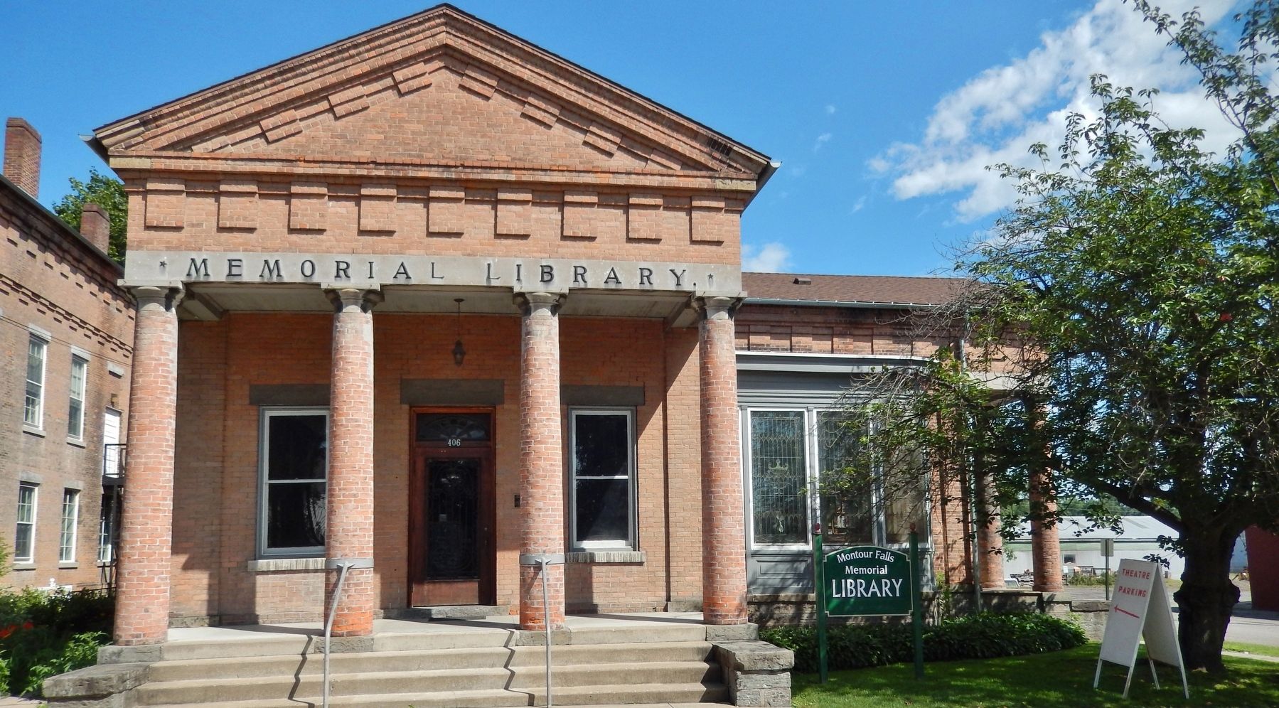 Montour Falls Memorial Library (<i>front portico; marker partially visible just right of door</i>) image. Click for full size.