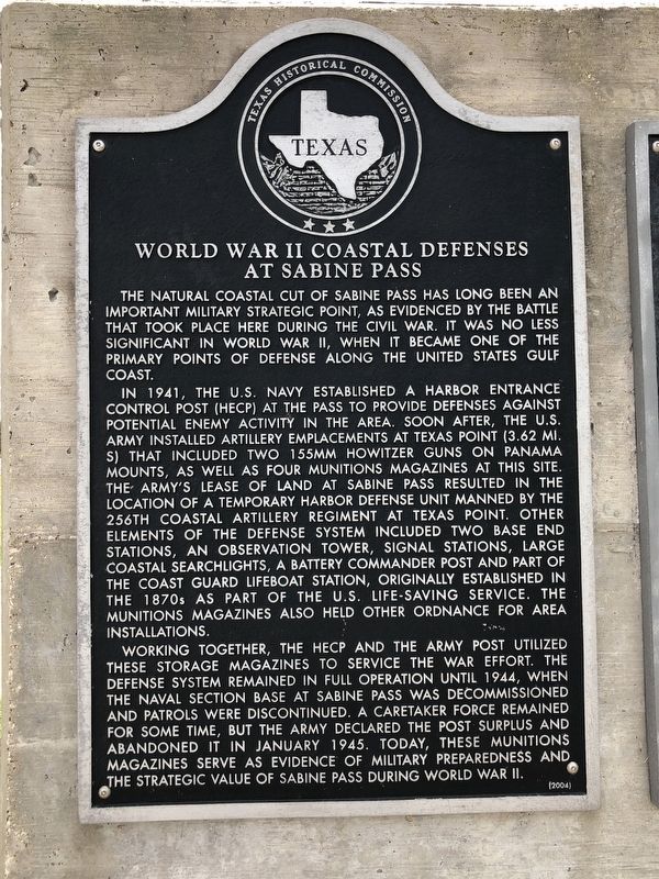 World War II Coastal Defenses at Sabine Pass Marker. Click for full size. World War II Coastal Defenses at Sabine Pass Marker image. Click for full size.