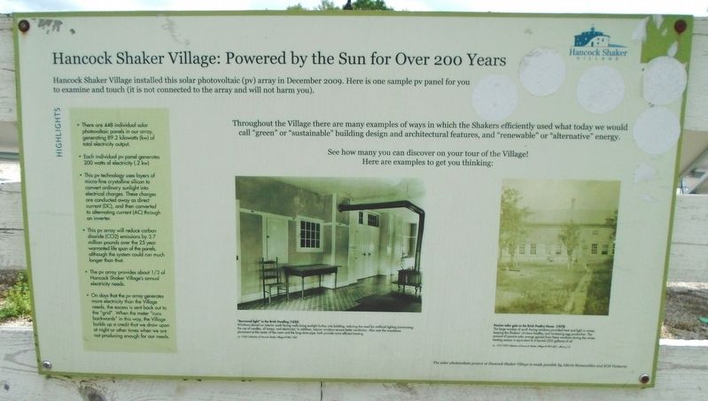 Hancock Shaker Village: Powered by the Sun for Over 200 Years Marker image. Click for full size.