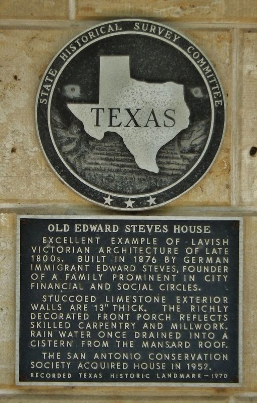 Old Edward Steves House Marker (<i>tall view; showing Texas Historical Medallion</i>) image, Touch for more information