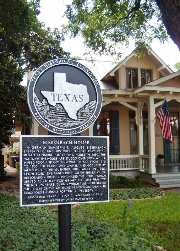 Biesenbach House Marker (<i>tall view; showing Texas Historical Medallion</i>). Click for full size. Biesenbach House Marker (<i>tall view; showing Texas Historical Medallion</i>) image. Click for full size.