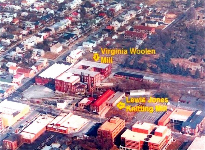 Aerial view of Virginia Woolen Company, Lewis Jones Knitting Mill and surrounding houses in 1992. image. Click for full size.