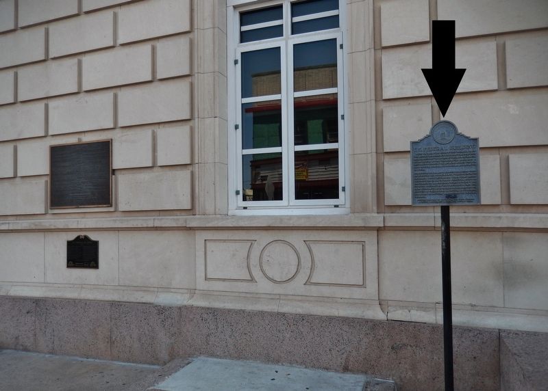 U.S. Federal Building Marker (<i>wide view; this marker on right, related marker on left</i>) image. Click for full size.