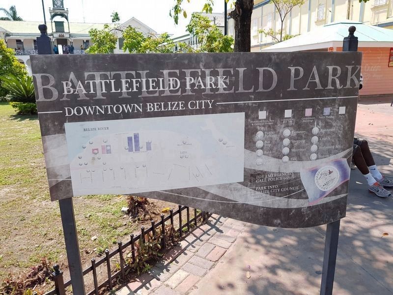 Battlefield Park sign, Downtown Belize City. Click for full size. Battlefield Park sign, Downtown Belize City image. Click for full size.