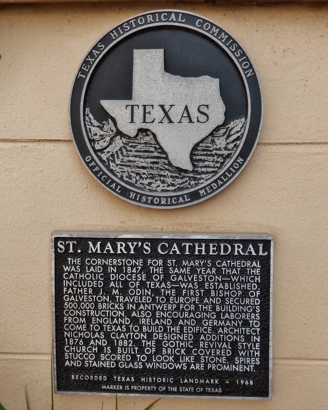 St. Mary's Cathedral Marker (<i>tall view; showing Texas Historical Medallion</i>) image. Click for full size.