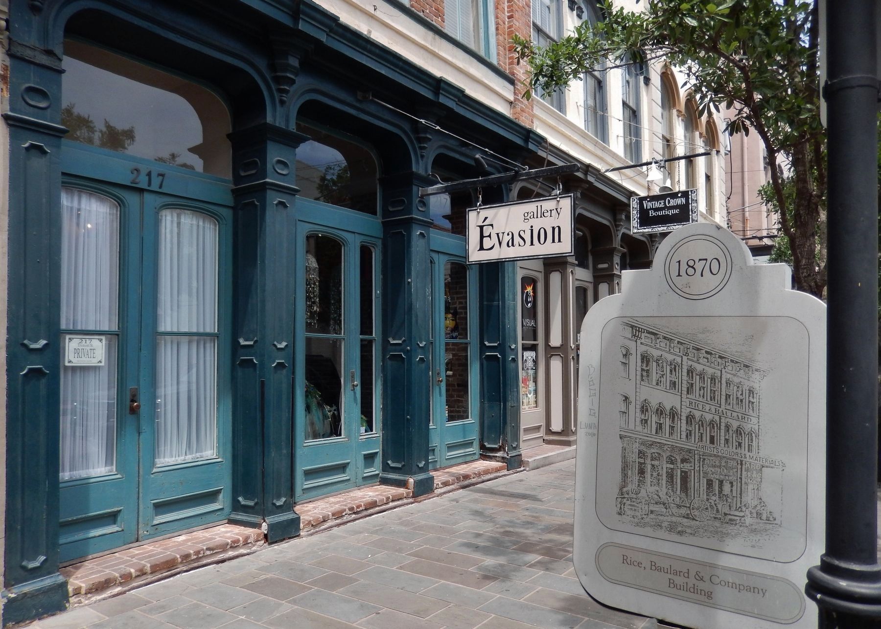 Rice, Baulard & Company Building Marker (<i>side 2; wide view; showing current store fronts</i>). Click for full size. Rice, Baulard & Company Building Marker (<i>side 2; wide view; showing current store fronts</i>) image. Click for full size.