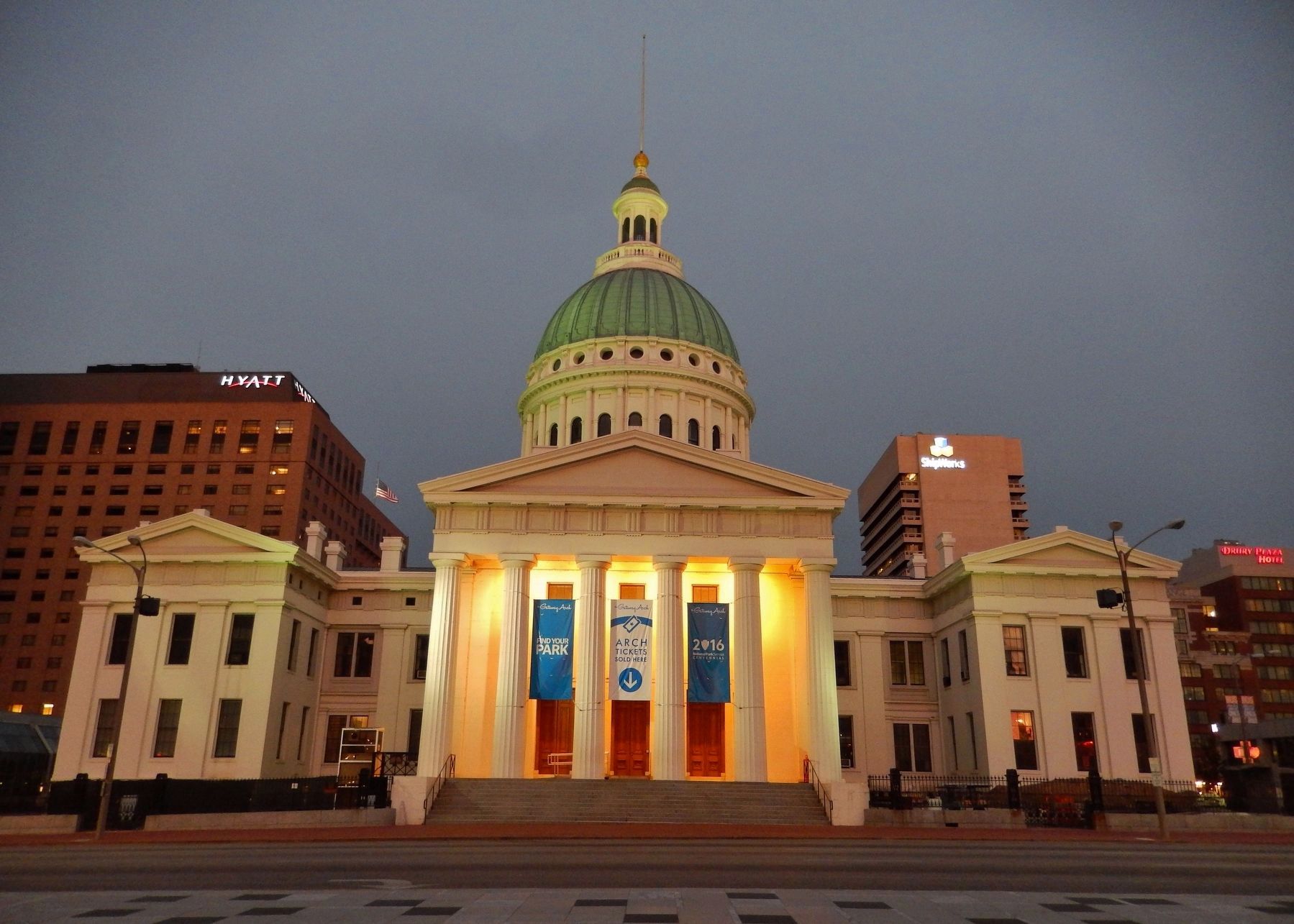 Old Saint Louis County Courthouse Steps (<i>view from near marker at sunset</i>). Click for full size. Old Saint Louis County Courthouse Steps (<i>view from near marker at sunset</i>) image. Click for full size.