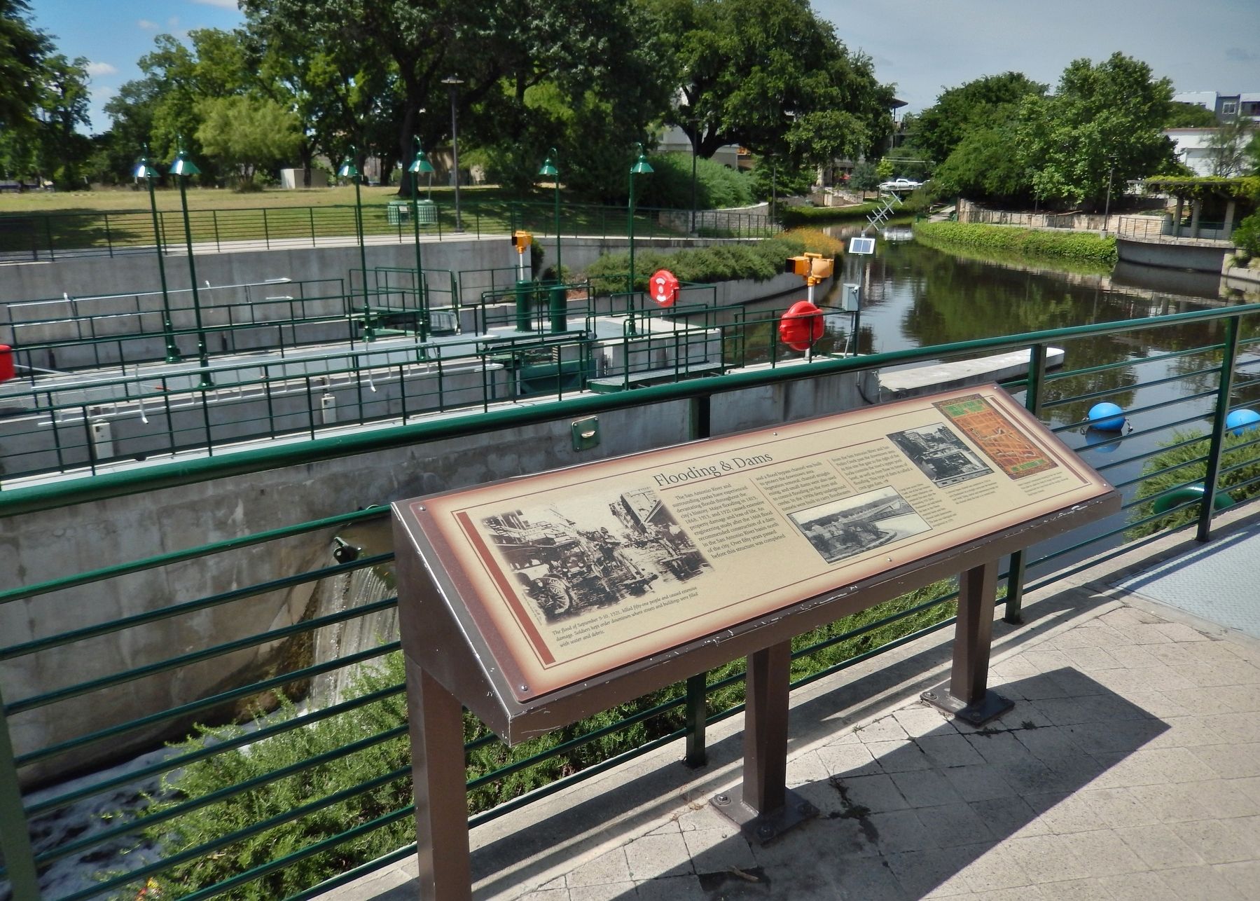 Flooding & Dams Marker (<i>wide view; Brooklyn Avenue Lock & San Antonio River in background</i>). Click for full size. Flooding & Dams Marker (<i>wide view; Brooklyn Avenue Lock & San Antonio River in background</i>) image. Click for full size.