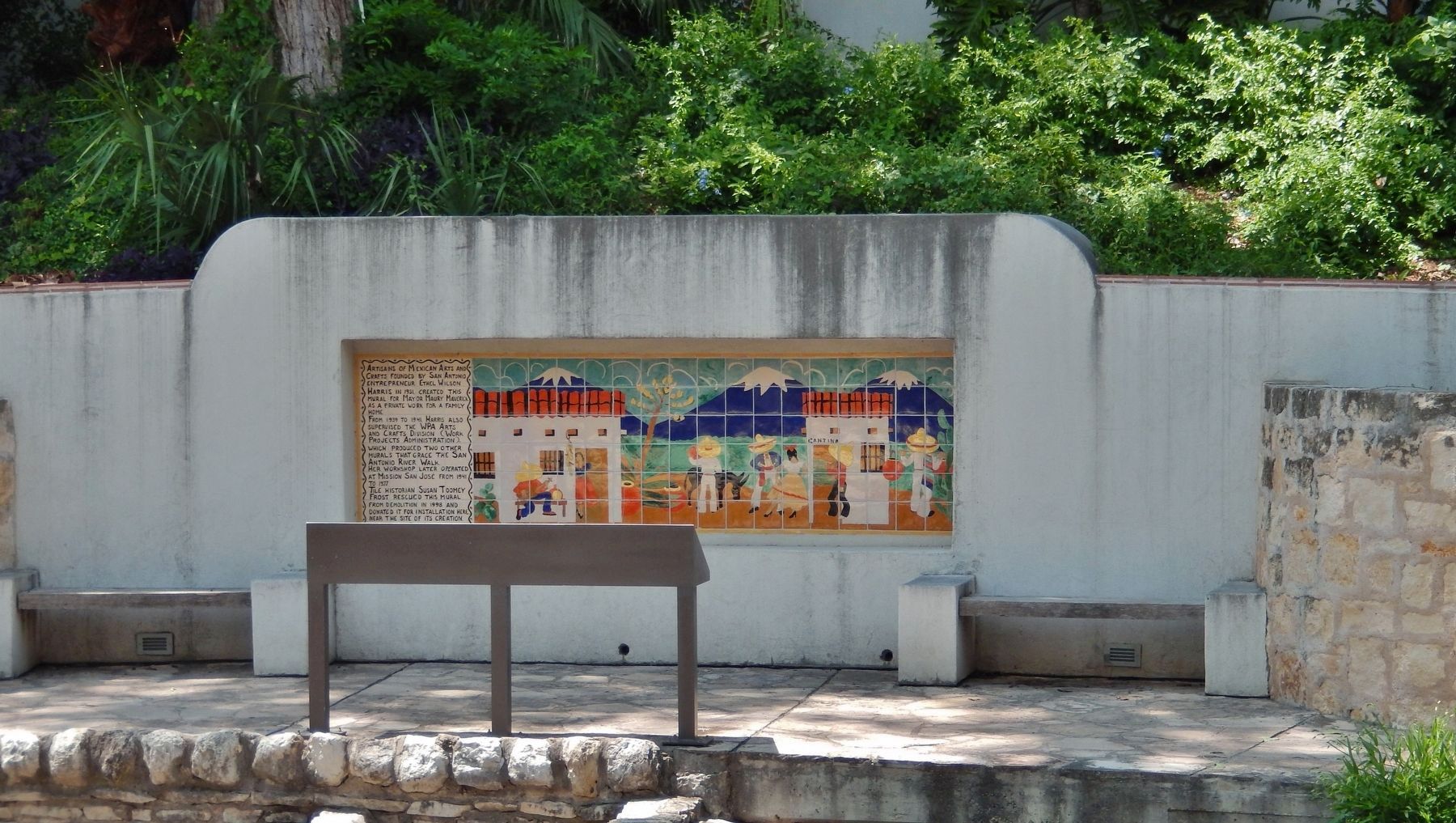 Mayor Maury Maverick Mural (<i>view across Hugman Dam from south side of San Antonio River</i>) image. Click for full size.