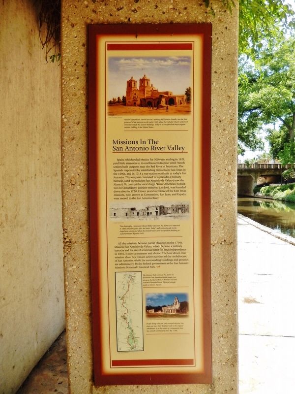 Missions San Antonio River Valley Marker (<i>wide view; Lexington St. Bridge in background</i>) image. Click for full size.