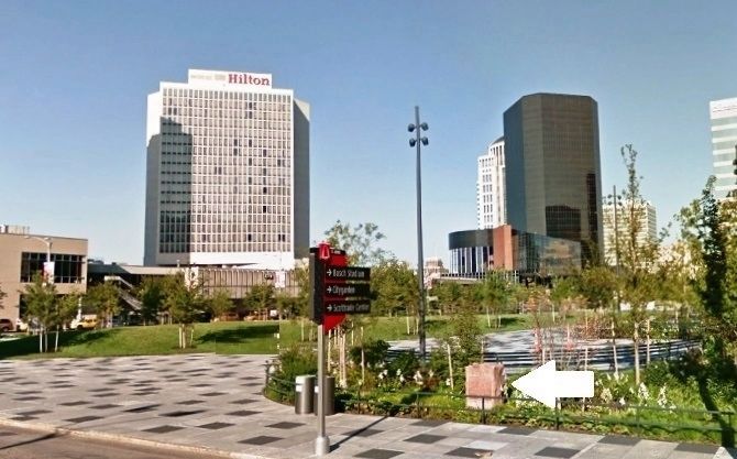 St. Charles Rock Road Marker (<i>wide view; Kiener Plaza Park in background</i>). Click for full size. St. Charles Rock Road Marker (<i>wide view; Kiener Plaza Park in background</i>) image. Click for full size.