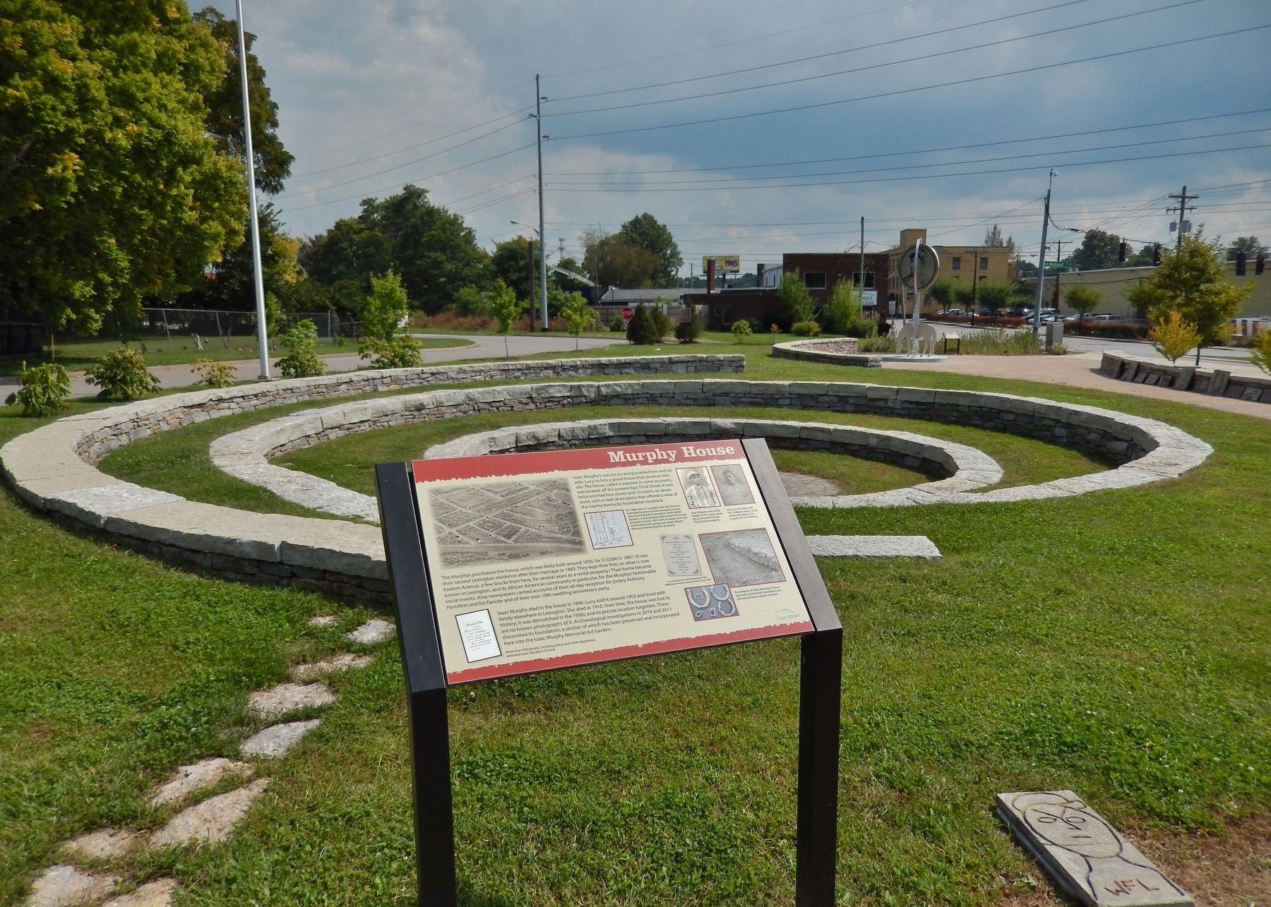 Murphy House Marker (<i>wide view; looking east past marker across Isaac Murphy Memorial Garden</i>). Click for full size. Murphy House Marker (<i>wide view; looking east past marker across Isaac Murphy Memorial Garden</i>) image. Click for full size.