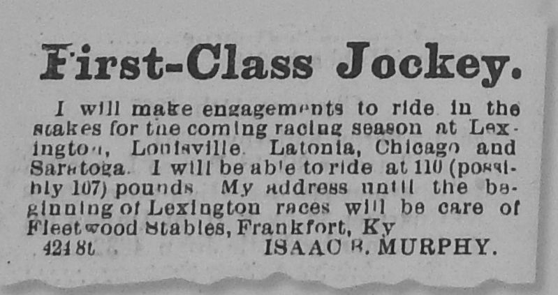 Marker detail: An 1883 ad placed by Isaac Murphy in the <i>Kentucky Live Stock Record</i> image. Click for full size.