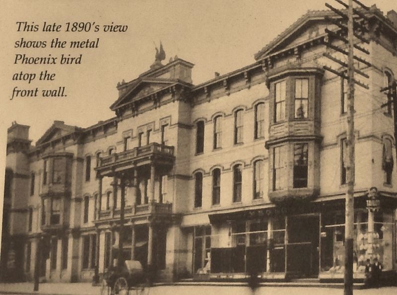 Marker detail: This late 1890's view shows the metal Phoenix bird atop the front wall image. Click for full size.