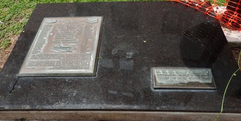 U.S.S. San Jacinto Marker (<i>wide view; marker on right</i>). Click for full size. U.S.S. San Jacinto Marker (<i>wide view; marker on right</i>) image. Click for full size.