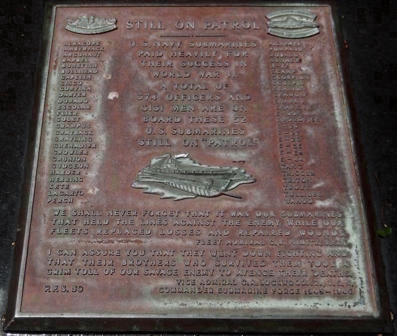 US Navy Submarines "Still on Patrol" Plaque (<i>mounted beside U.S.S. San Jacinto marker</i>) image. Click for full size.