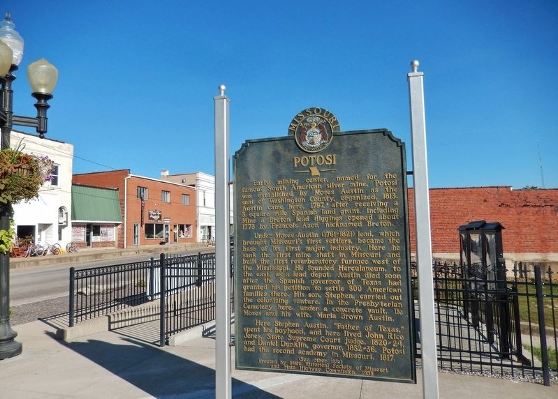 Potosi Marker (<i>side one; wide view; looking south along Main Street</i>) image. Click for full size.