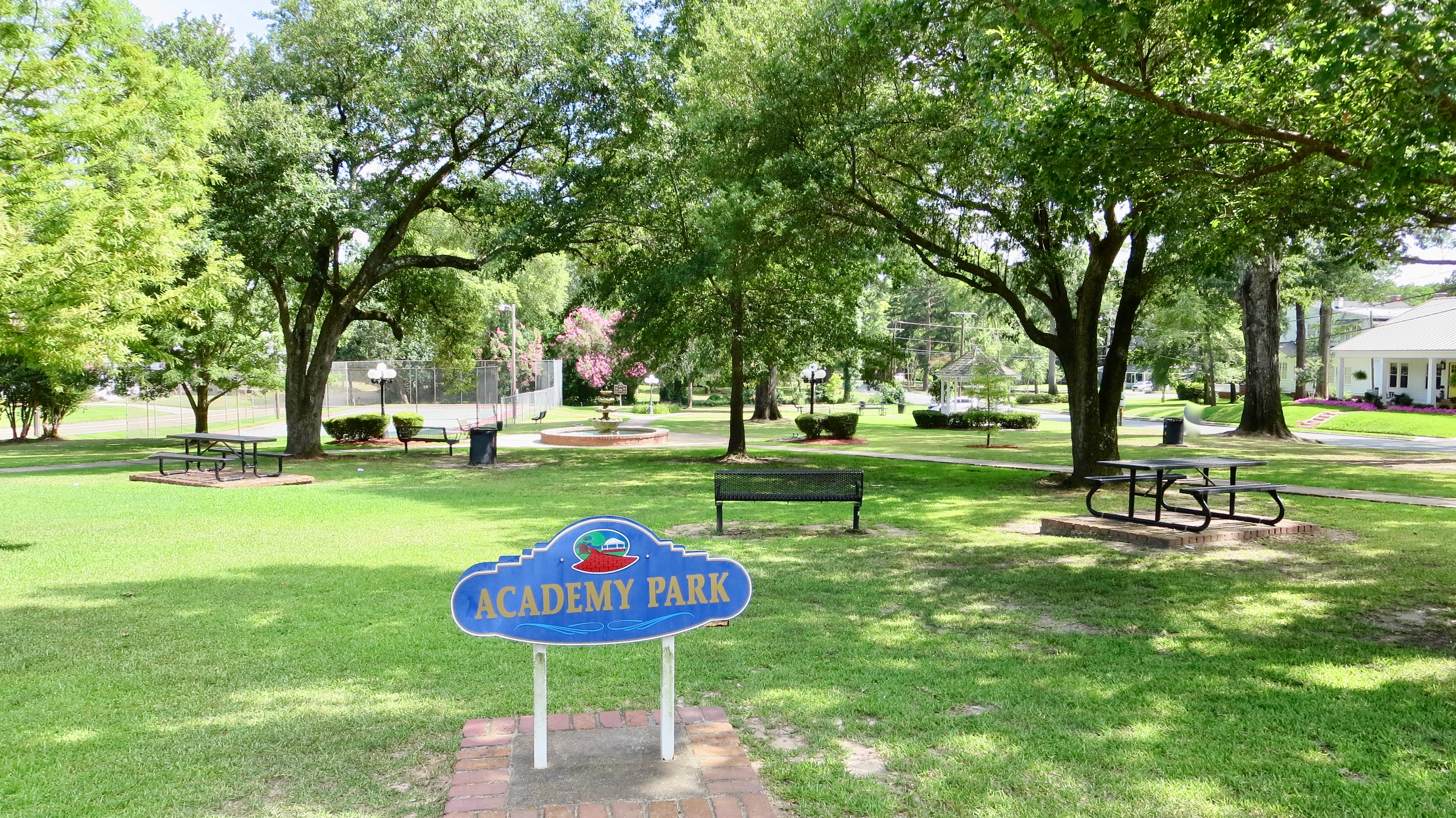 Academy Park Marker can be seen in far distance past the fountain.