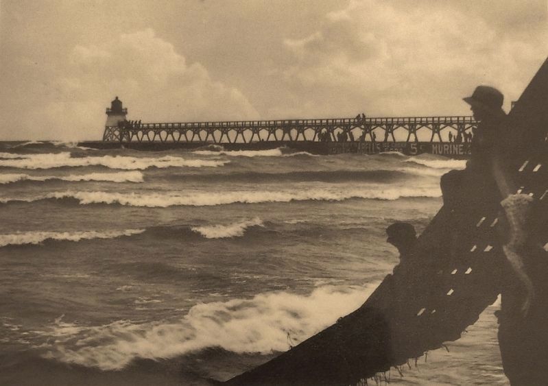Marker detail: First wooden pier and light tower image. Click for full size.