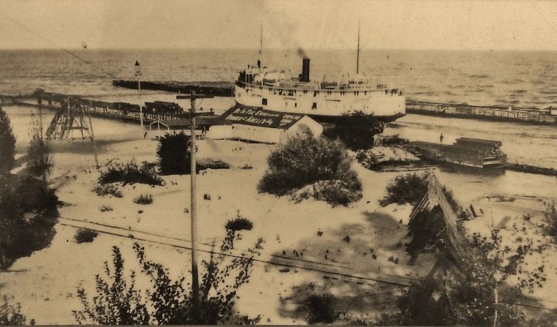 Marker detail: The <i>Williams</i> steamship in the channel in the 1890s image. Click for full size.