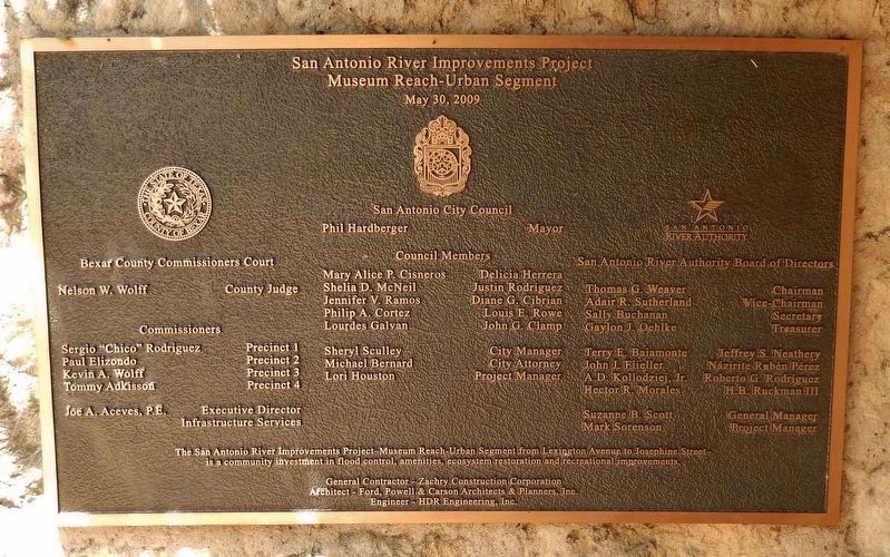 San Antonio River Improvement Project Plaque (<i>located near marker</i>) image. Click for full size.
