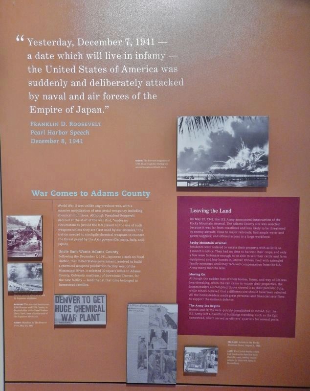 War Comes to Adams County (<i>interpretive panel inside Rocky Mountain Arsenal Visitor Center</i>) image. Click for full size.