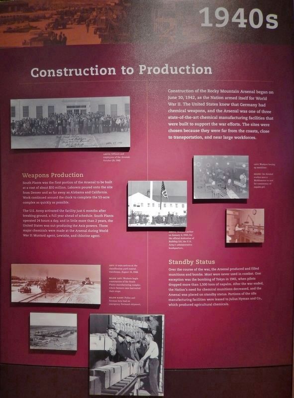 Construction to Production (<i>interpretive panel inside Rocky Mountain Arsenal Visitor Center</i>) image. Click for full size.