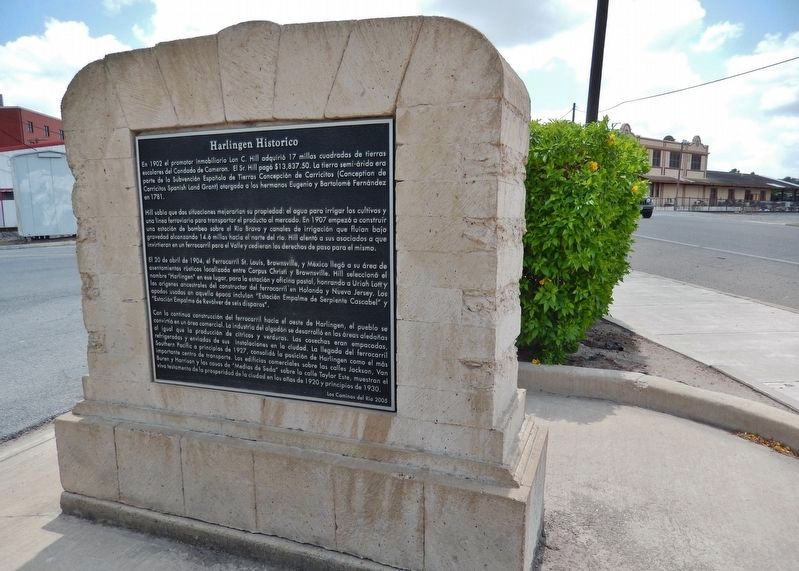 Historic Harlingen Marker (<i>wide view; side two; looking east along Harrison Avenue</i>) image. Click for full size.