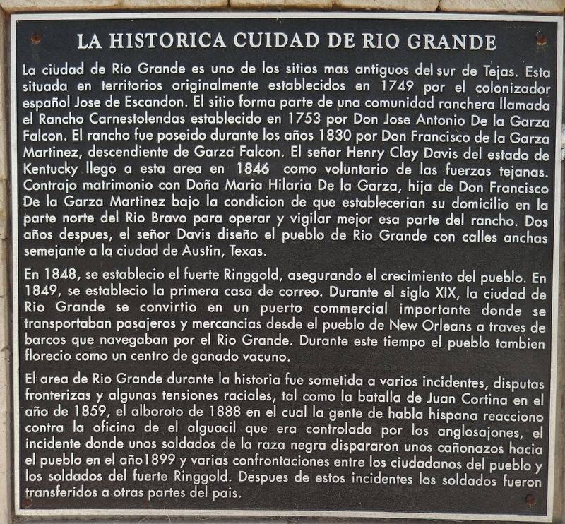 Historic Rio Grande City Marker (<i>side two - Spanish</i>) image. Click for full size.