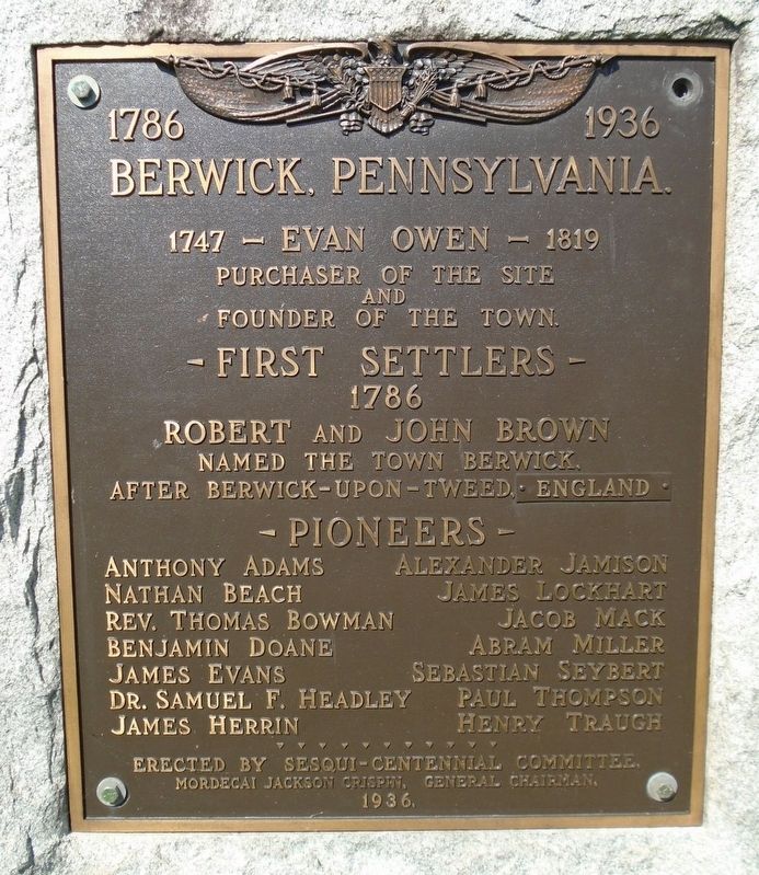 Berwick Founder, Settlers, and Pioneers Marker (front) image. Click for full size.