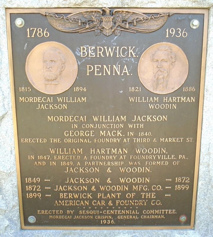 Berwick Founder, Settlers, and Pioneers Marker (back) image. Click for full size.