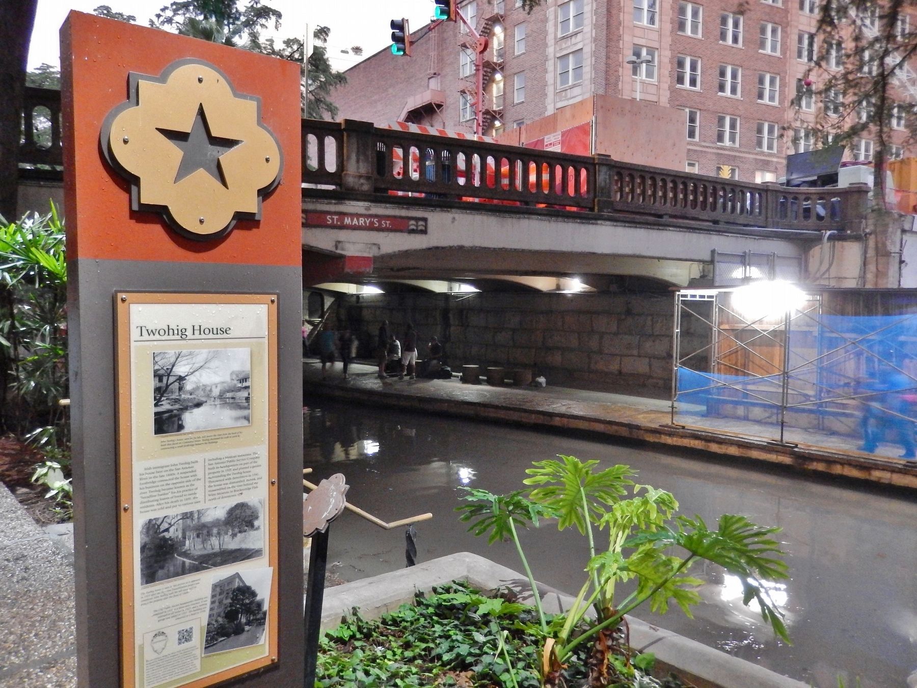 Twohig House Marker (<i>wide view looking east; St. Mary's Street Bridge in background</i>). Click for full size. Twohig House Marker (<i>wide view looking east; St. Mary's Street Bridge in background</i>) image. Click for full size.