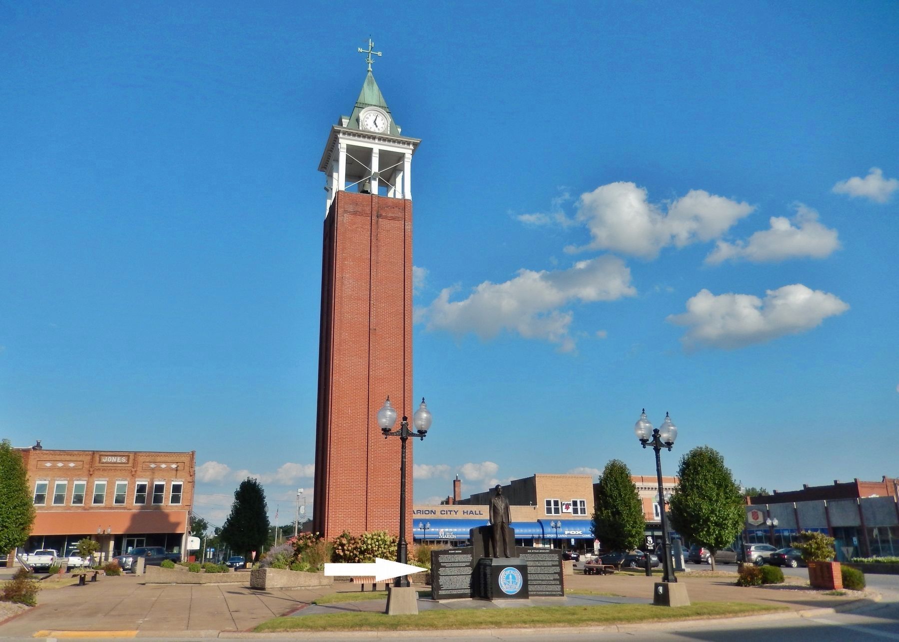 Marion History Marker (<i>wide view; marker at center; Clock Tower Plaza in background</i>) image. Click for full size.