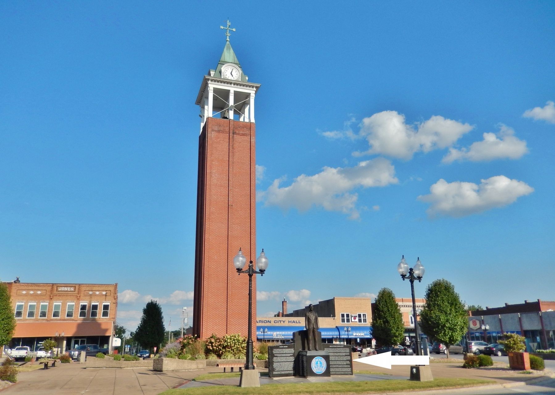 Bob Butler Biography Marker (<i>wide view; marker at right; Clock Tower Plaza in background</i>) image. Click for full size.