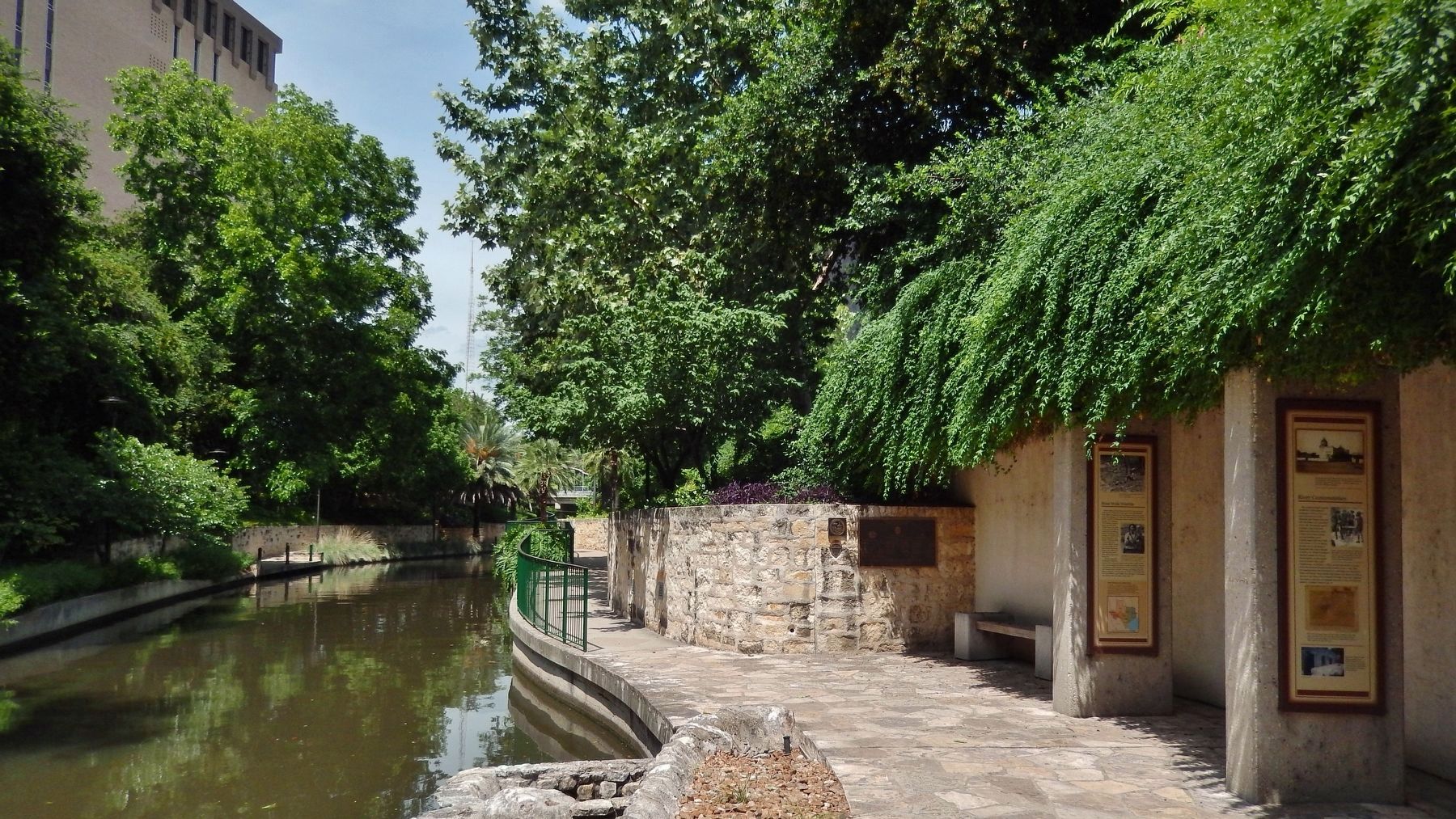 River Communities Marker (<i>wide view north along San Antonio River; this marker far right</i>). Click for full size. River Communities Marker (<i>wide view north along San Antonio River; this marker far right</i>) image. Click for full size.