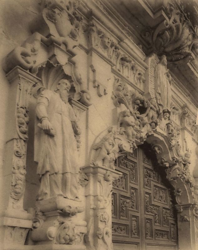 Marker detail: The ornately-carved faade of Mission San Jose image. Click for full size.