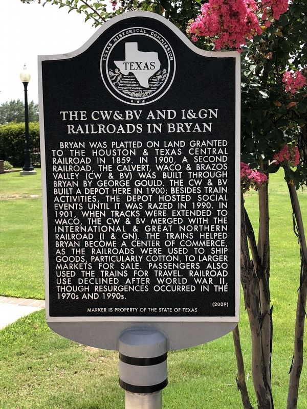 The CW&BV and I&GN Railroads in Bryan Marker image. Click for full size.
