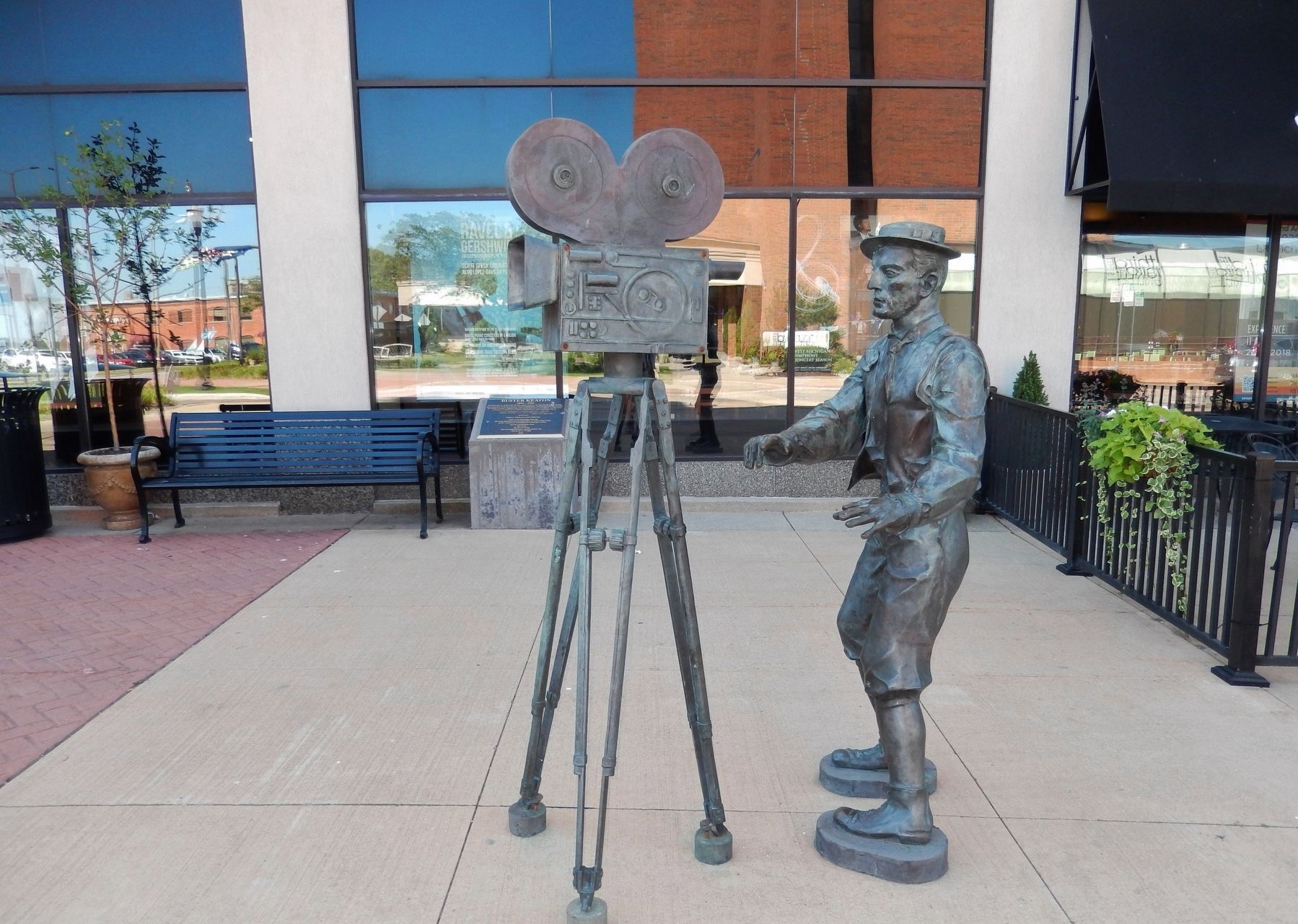 Buster Keaton Marker & Sculpture (<i>marker in background on right side of bench</i>) image. Click for full size.