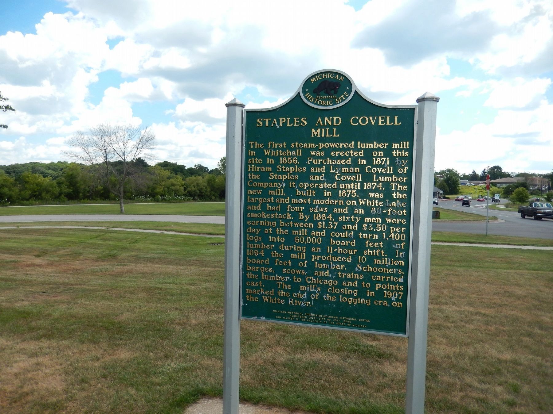 Staples and Covell Mill Marker (<i>marker side 2; wide view; Covell Park in background</i>) image. Click for full size.