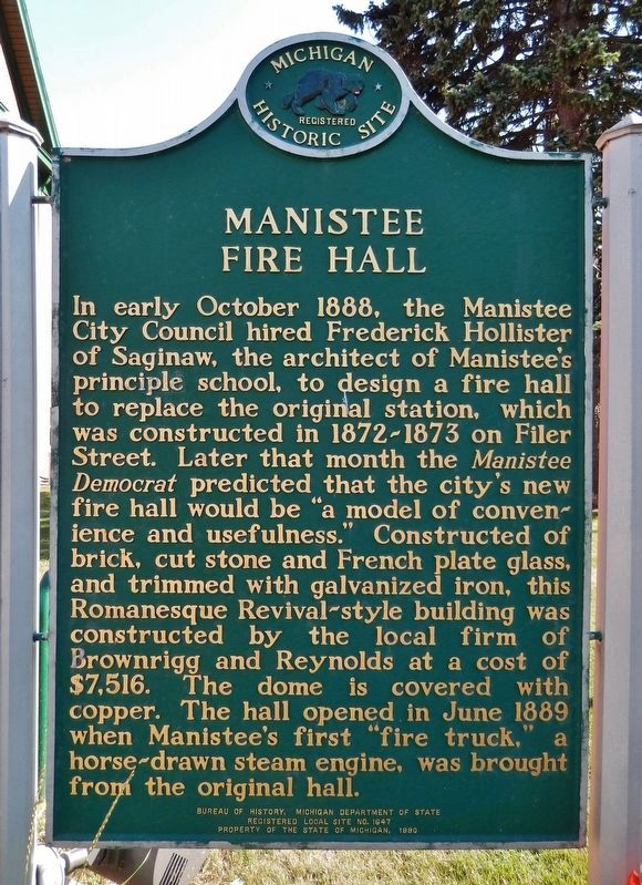 Manistee Fire Hall Marker image. Click for full size.