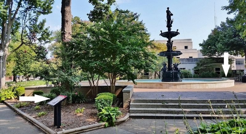 Central Park Fountain Marker (<i>wide view; marker visible at left; dedication plaque at right</i>). Click for full size. Central Park Fountain Marker (<i>wide view; marker visible at left; dedication plaque at right</i>) image. Click for full size.