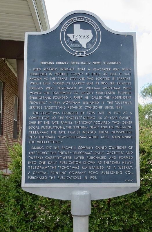 Hopkins County Echo-Daily News-Telegram Marker. Click for full size. Hopkins County Echo-Daily News-Telegram Marker image. Click for full size.