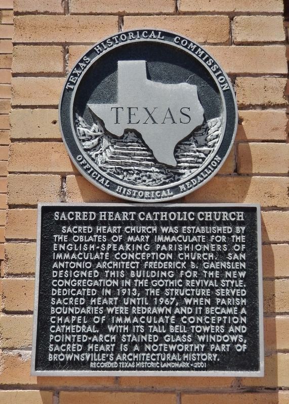 Sacred Heart Catholic Church Marker (<i>tall view; showing marker & Texas Historical Medallion</i>) image. Click for full size.